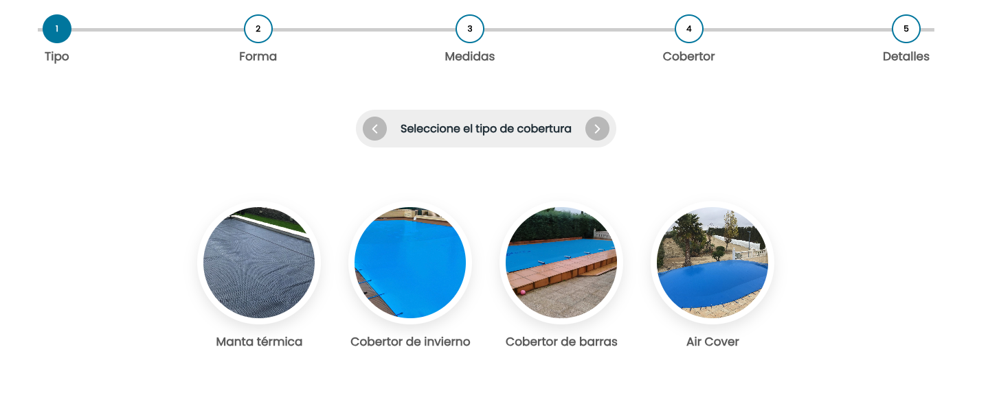 Configurador de coberturas de piscina integrado en WordPress