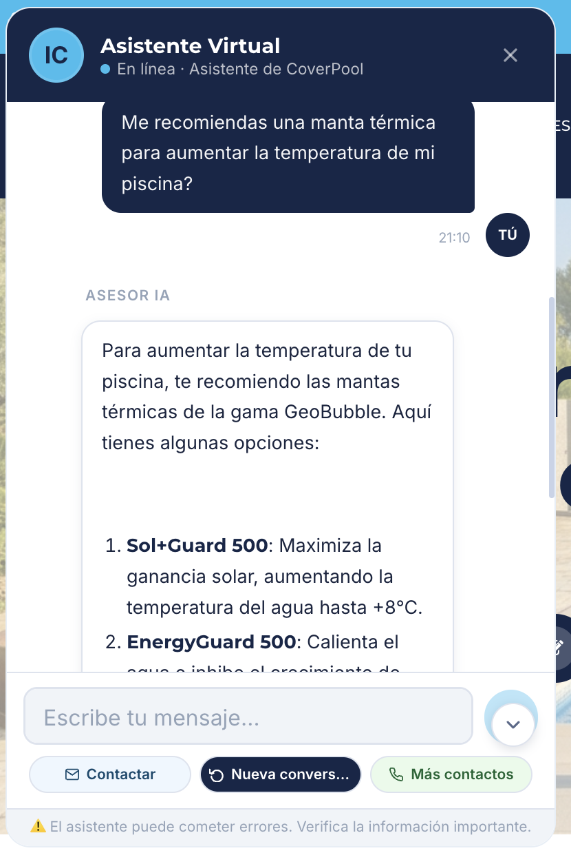 Chatbot de IA en la web ayudando a clientes a elegir productos