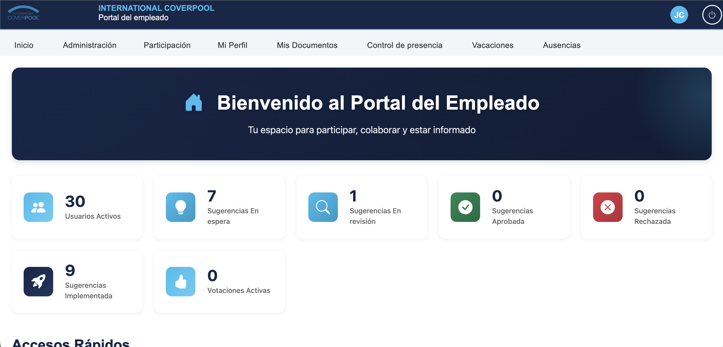 Portal de empleados con solicitudes de vacaciones y módulos de RRHH