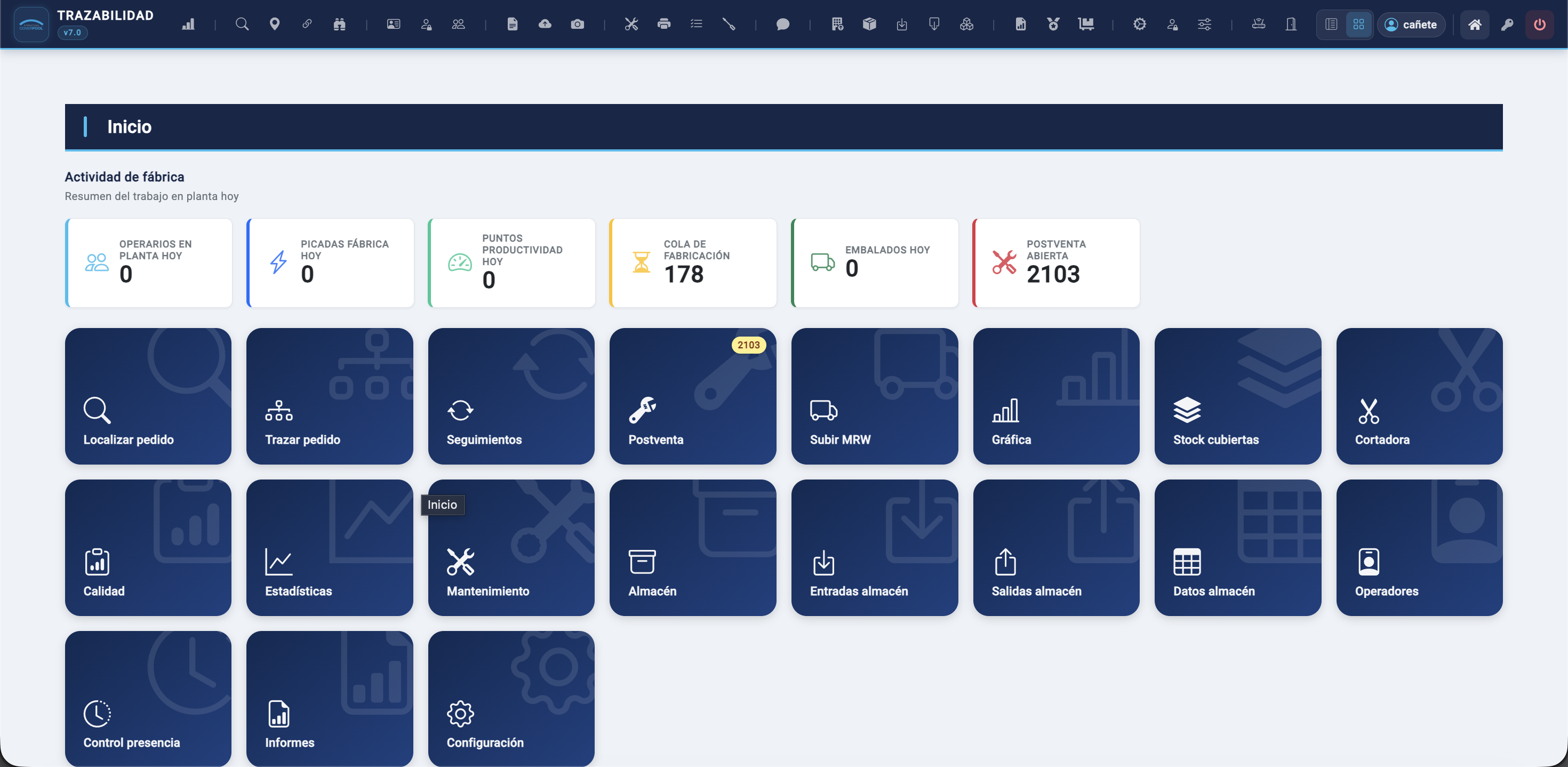 Panel del portal interno de trazabilidad con módulos de fábrica